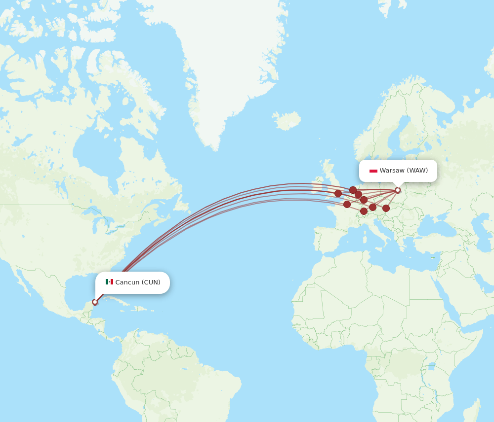 WAW-CUN flight routes
