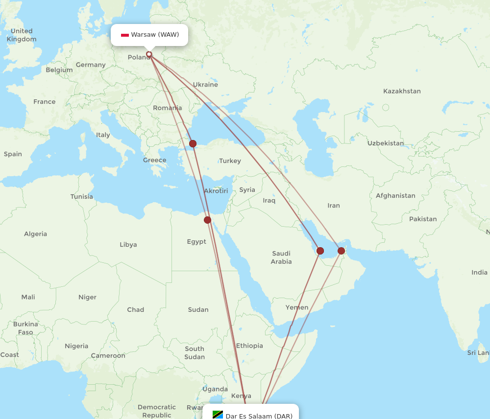 WAW to DAR flights and routes map