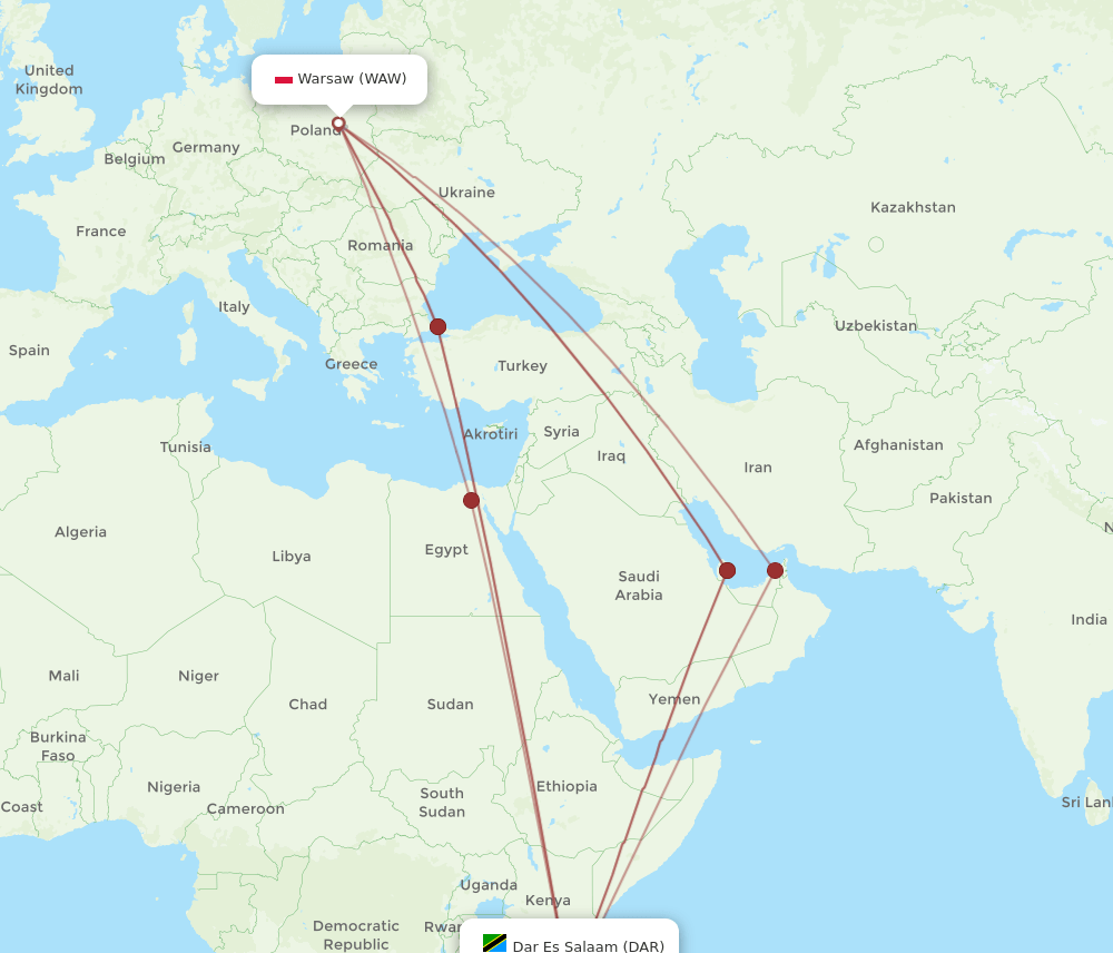 WAW-DAR flight routes