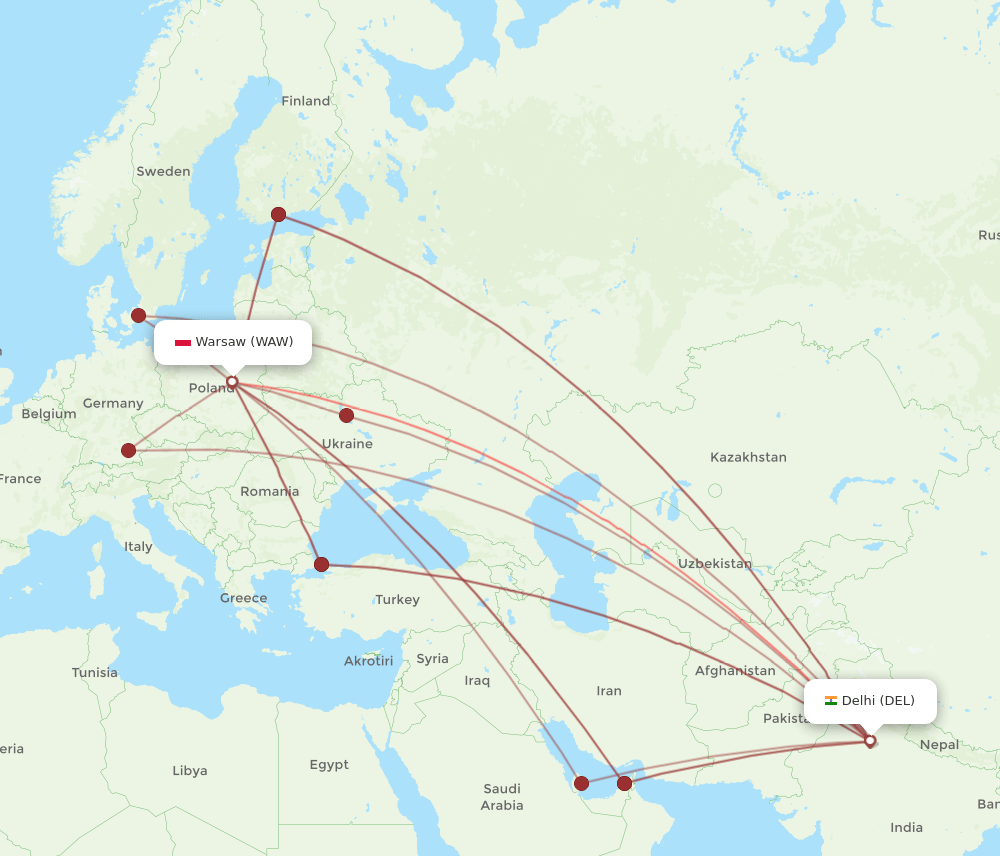 WAW to DEL flights and routes map