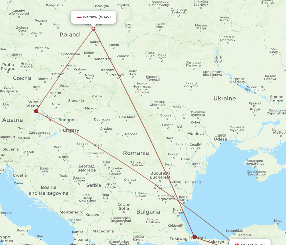 WAW to ESB flights and routes map