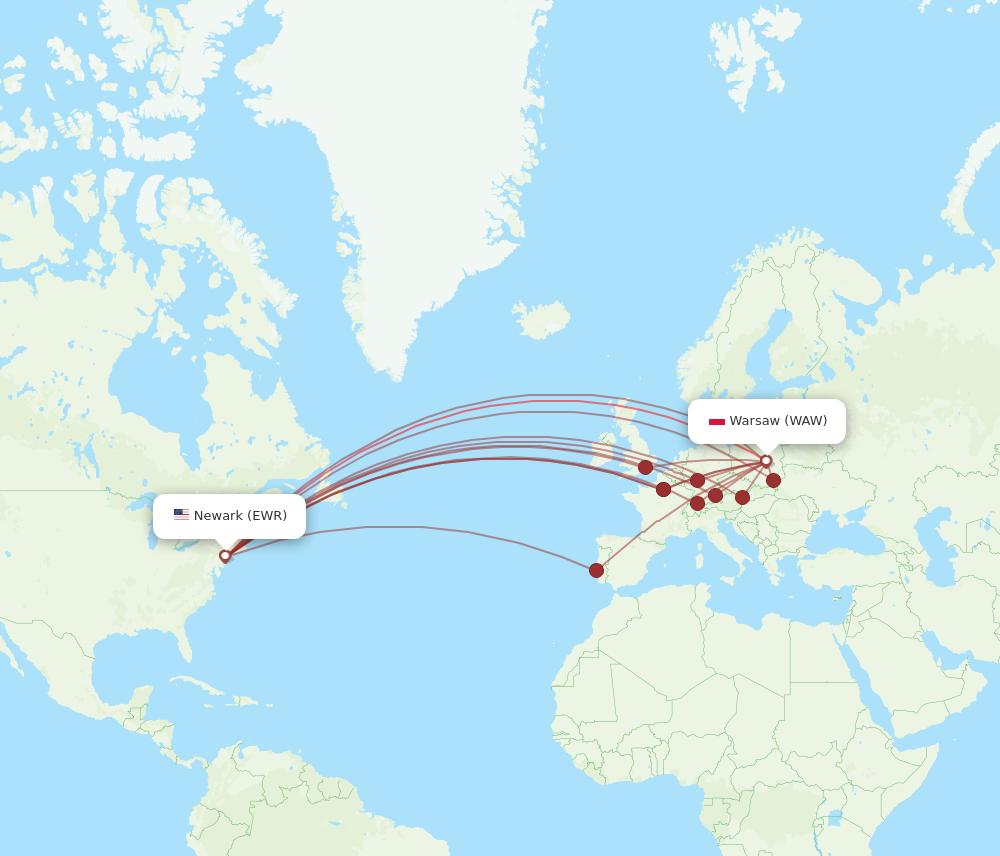 WAW to EWR flights and routes map