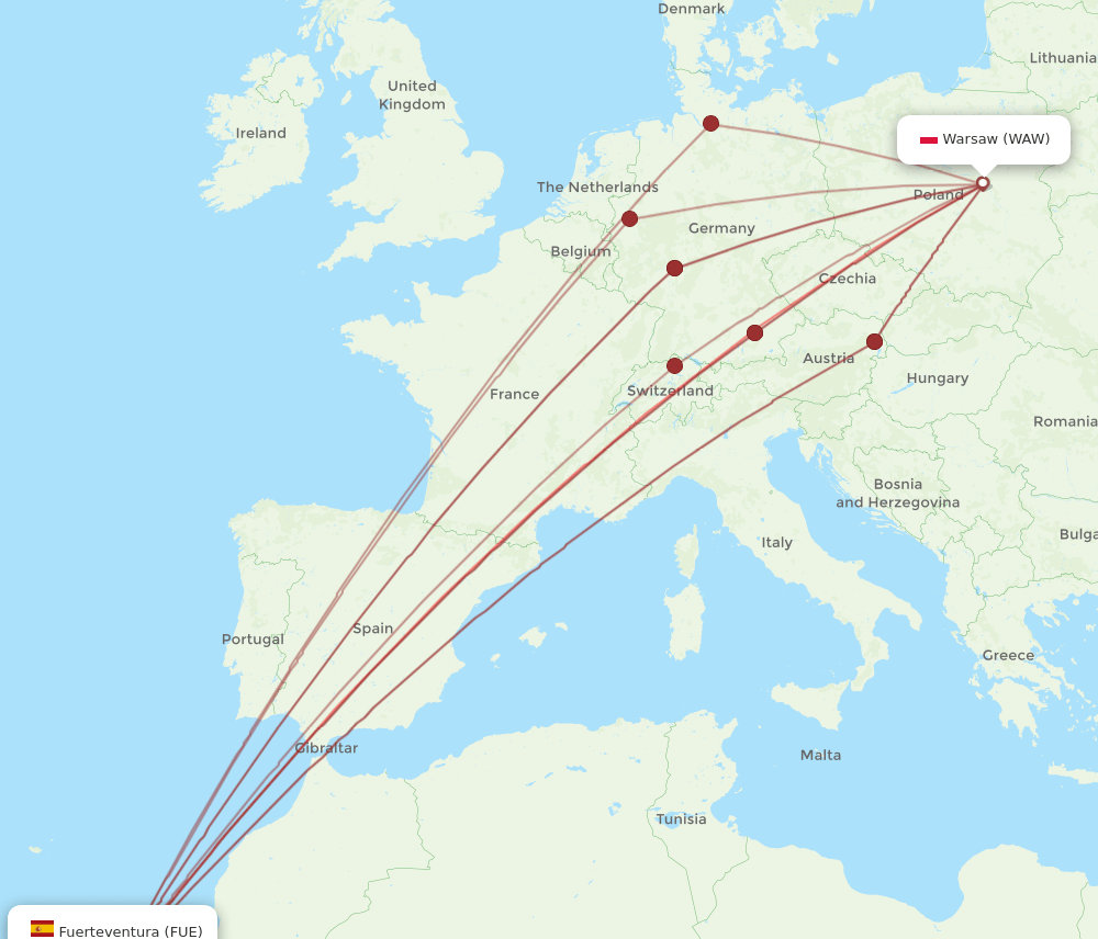 WAW-FUE flight routes