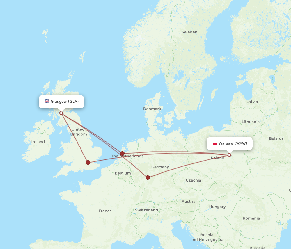 WAW to GLA flights and routes map