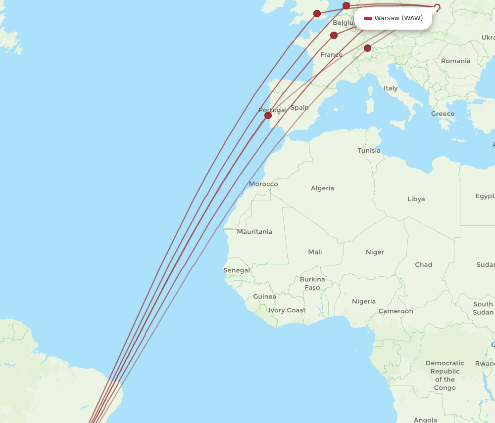 WAW to GRU flights and routes map