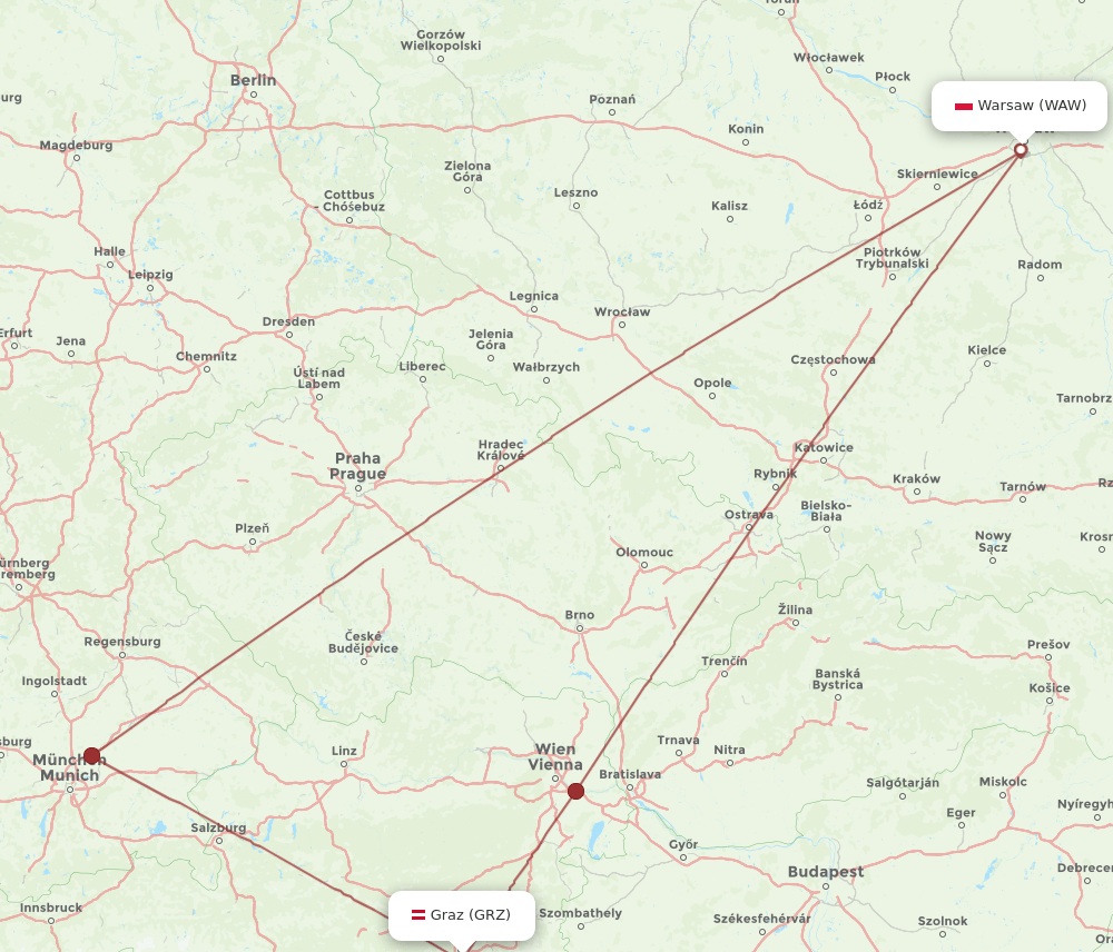 WAW to GRZ flights and routes map