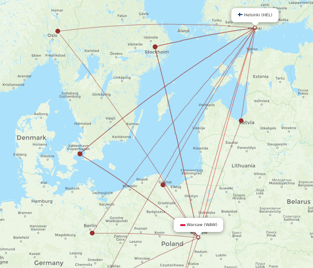 WAW to HEL flights and routes map