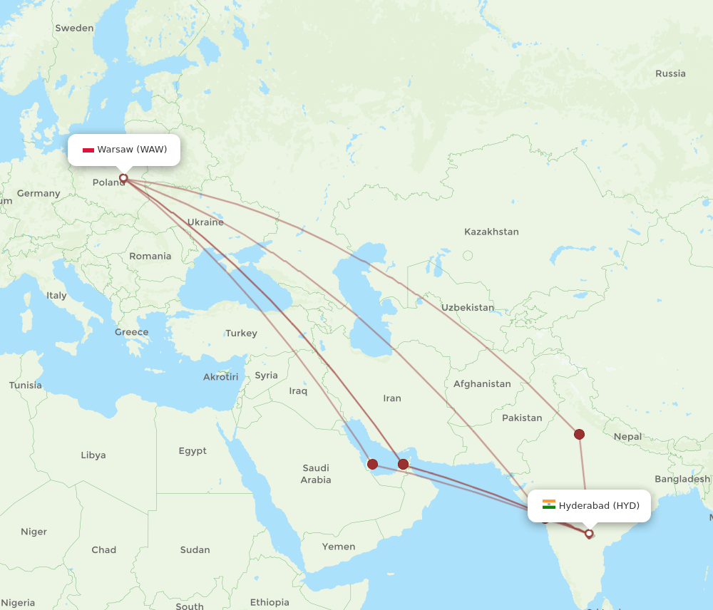 WAW-HYD flight routes