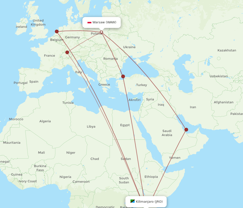WAW-JRO flight routes