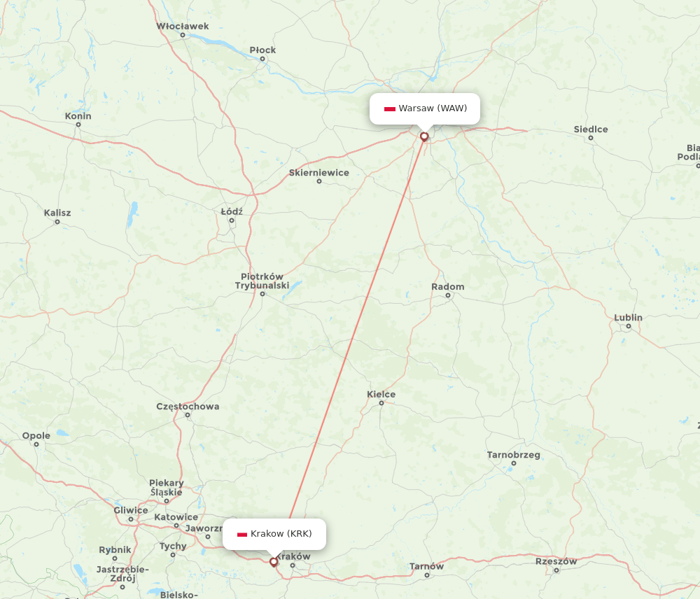Warsaw - Krakow route map and flight paths