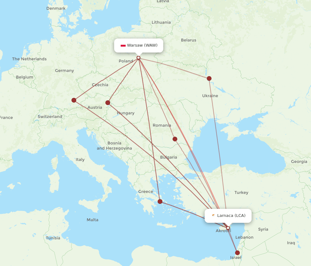 WAW to LCA flights and routes map