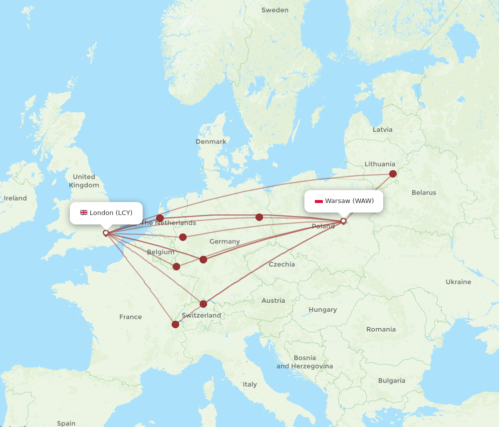 WAW to LCY flights and routes map