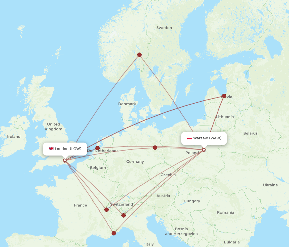 WAW to LGW flights and routes map