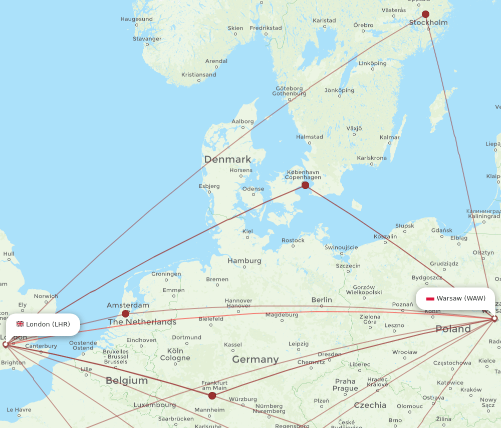 WAW to LHR flights and routes map