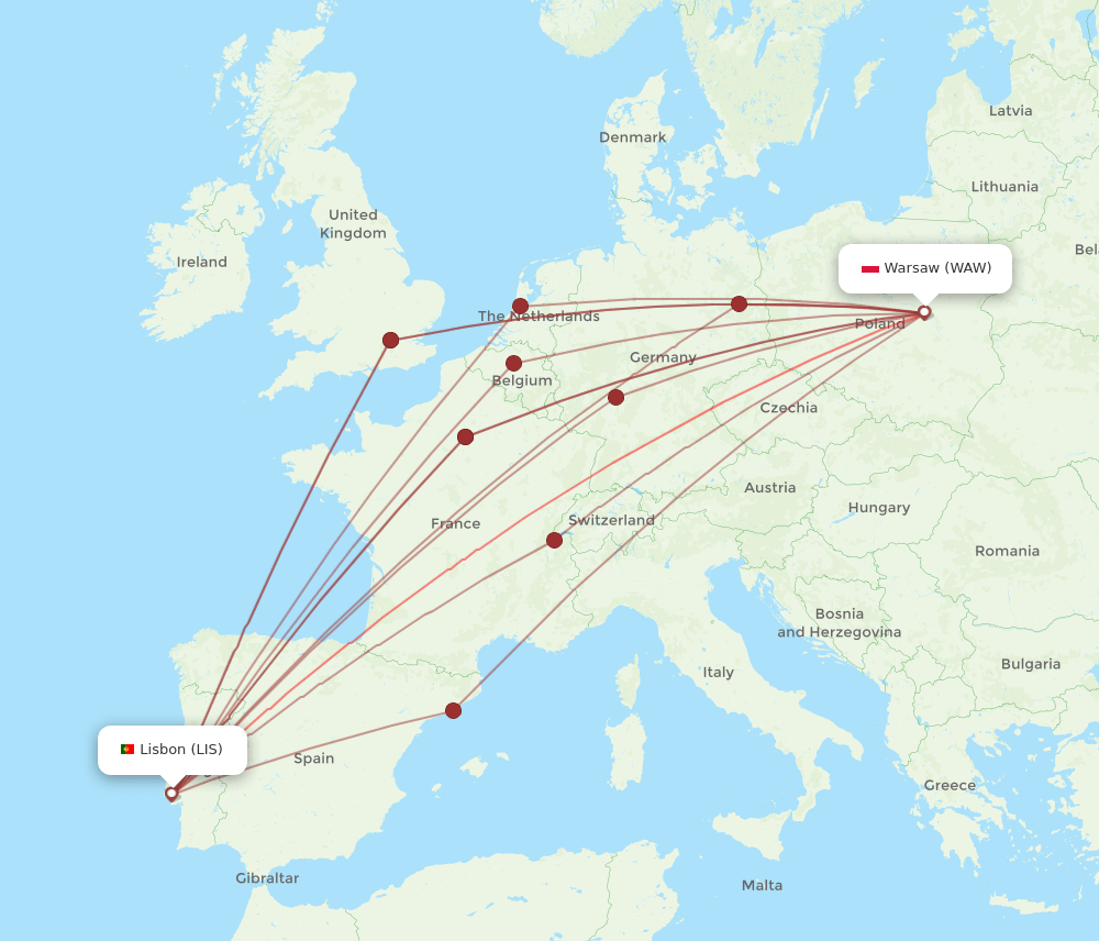 WAW-LIS flight routes