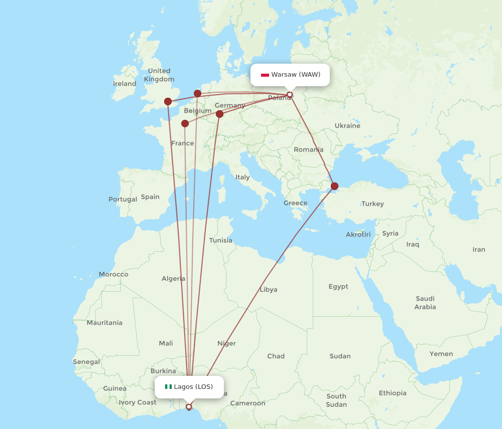 WAW-LOS flight routes