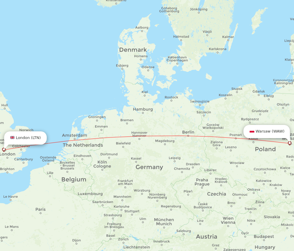 Warsaw - London route map and flight paths
