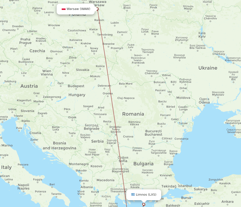 Limnos - Warsaw route map and flight paths