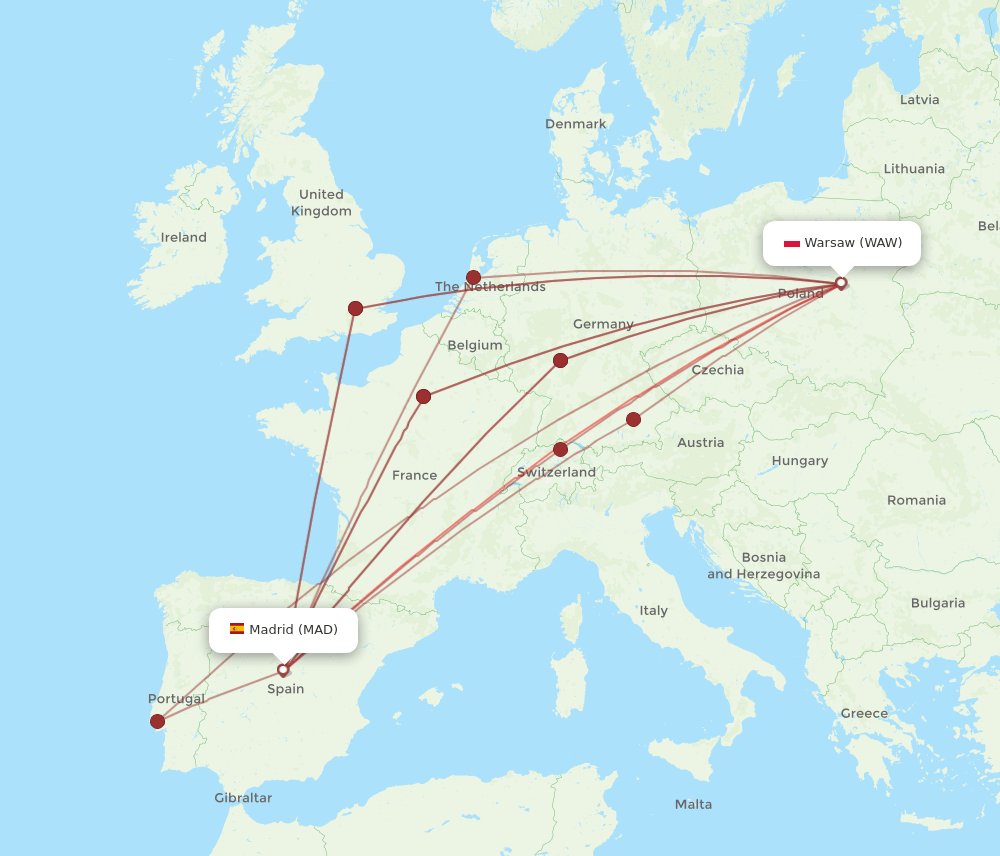 WAW-MAD flight routes