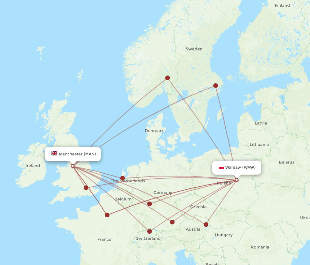 WAW to MAN flights and routes map