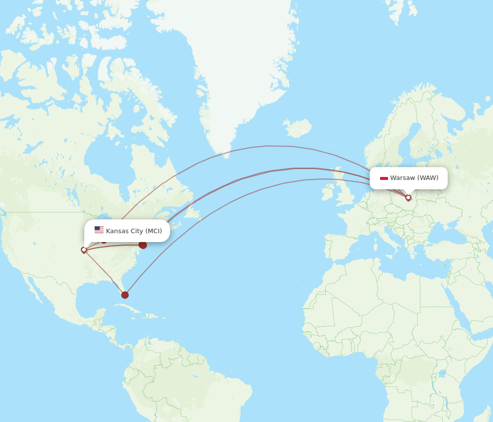 WAW-MCI flight routes