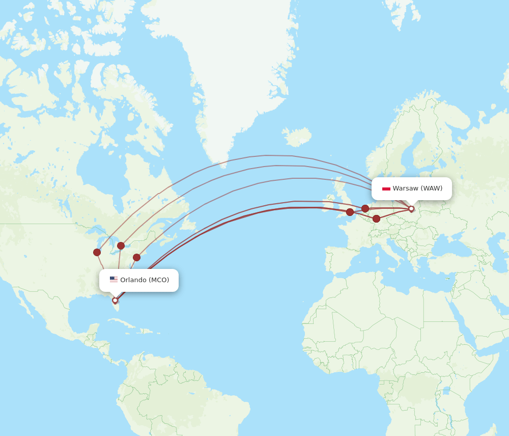 WAW-MCO flight routes
