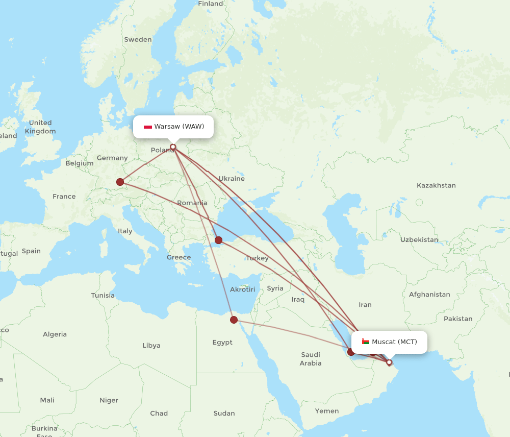 WAW to MCT flights and routes map