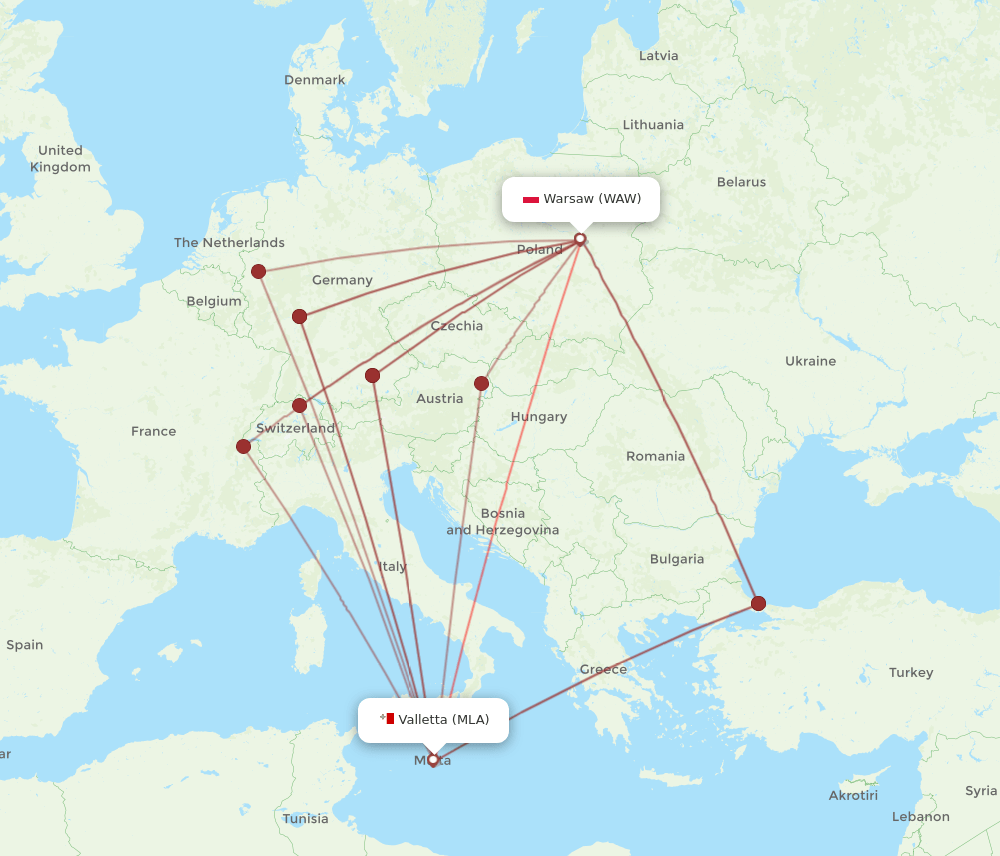 WAW-MLA flight routes