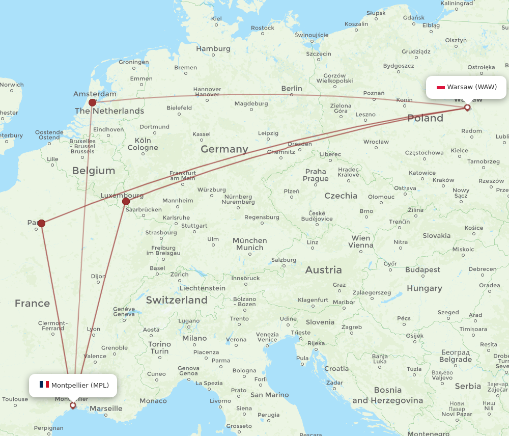 WAW to MPL flights and routes map