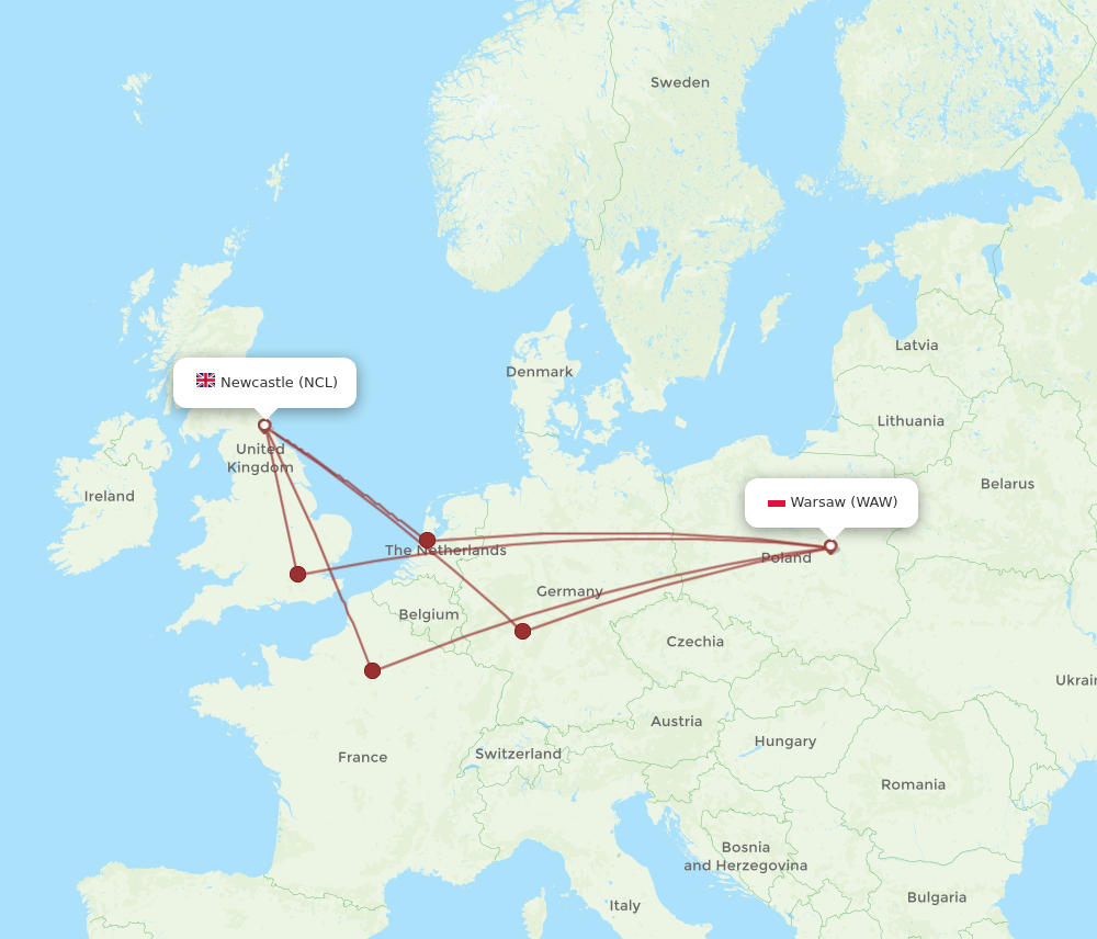 WAW to NCL flights and routes map