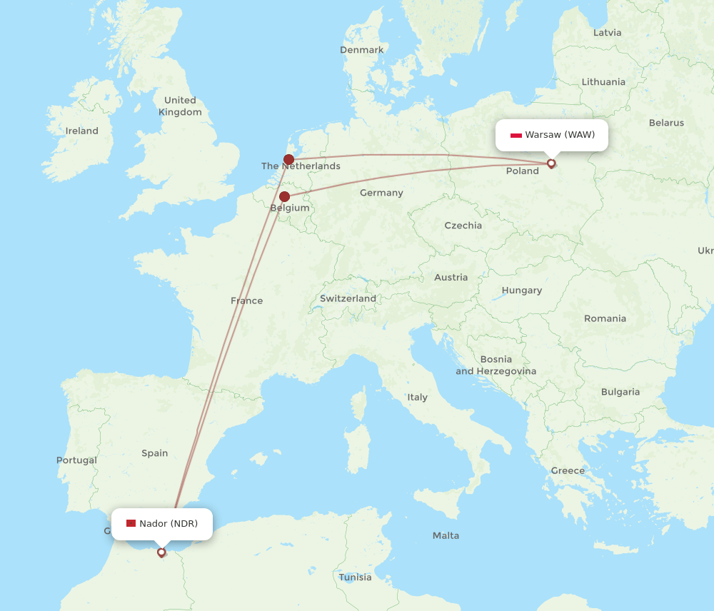 WAW-NDR flight routes