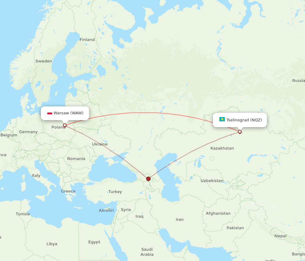 Warsaw - Astana route map and flight paths