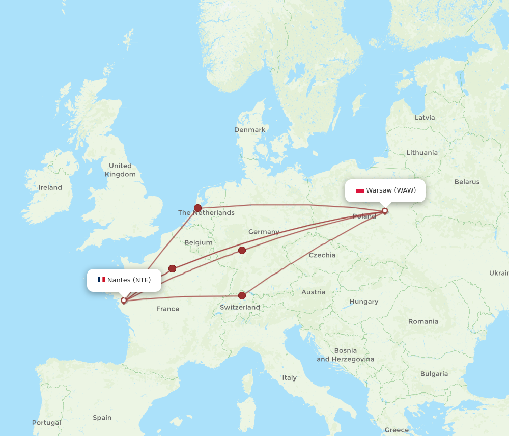 WAW to NTE flights and routes map