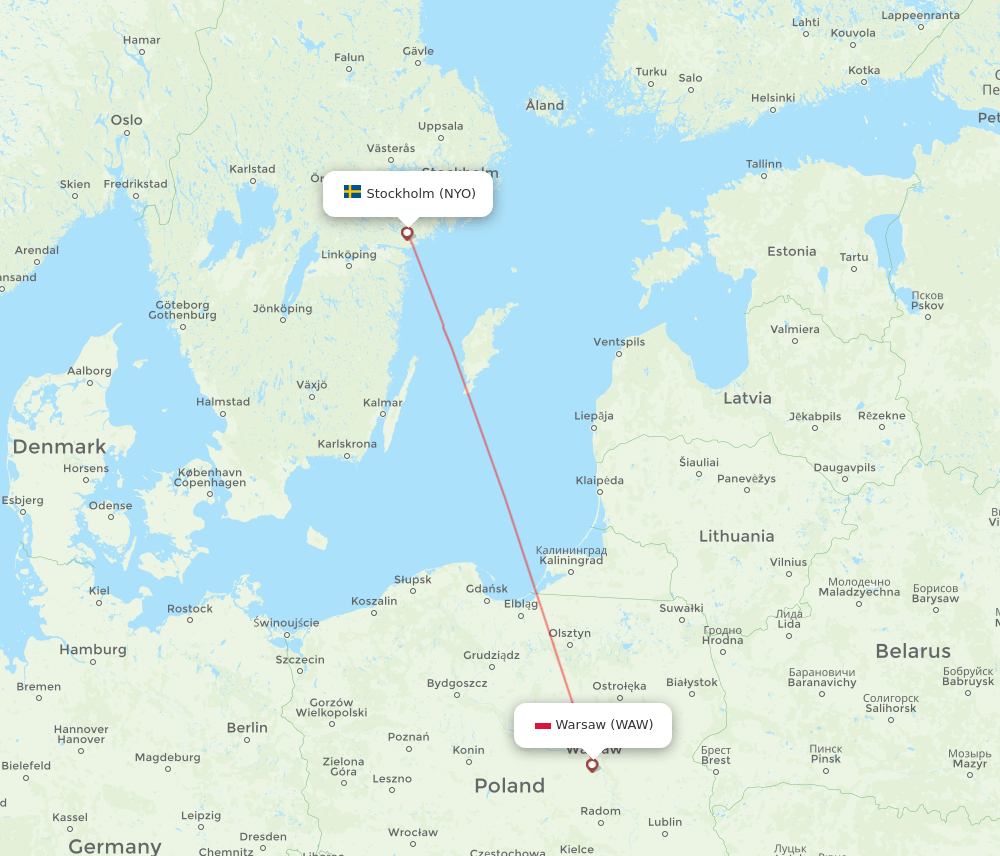 Warsaw - Stockholm route map and flight paths