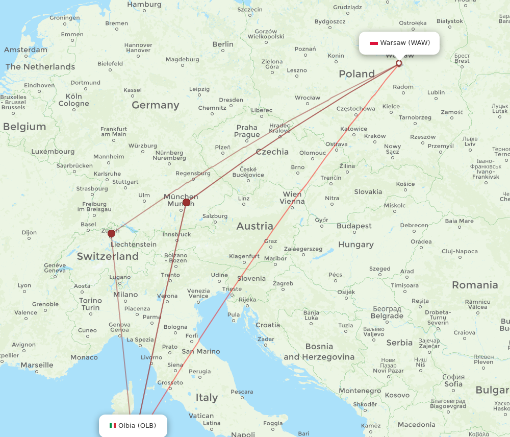 WAW to OLB flights and routes map