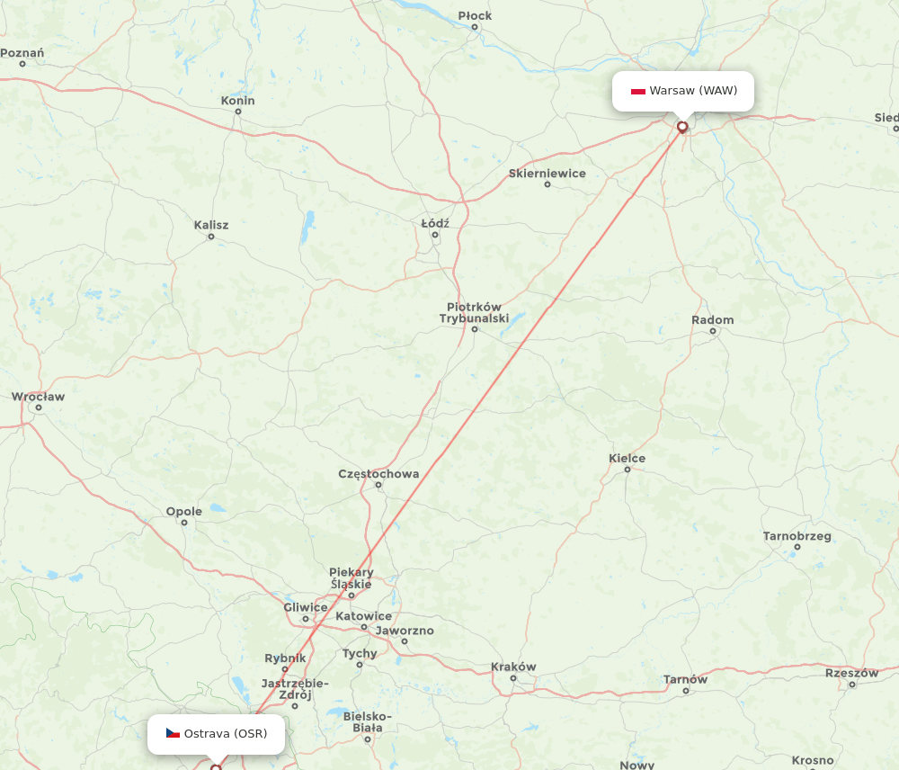 Warsaw - Ostrava route map and flight paths