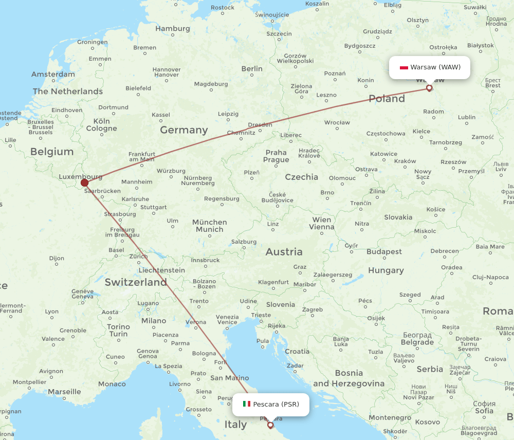 Pescara - Warsaw route map and flight paths