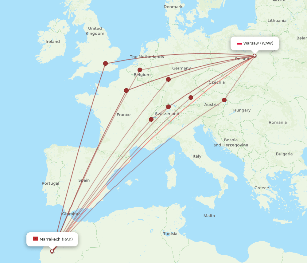 WAW-RAK flight routes