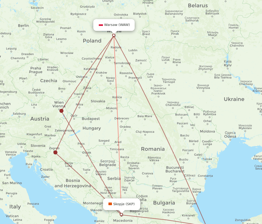 WAW-SKP flight routes