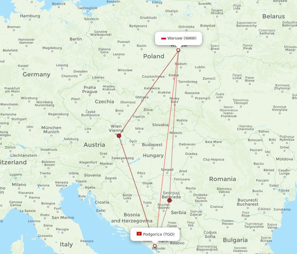 WAW-TGD flight routes