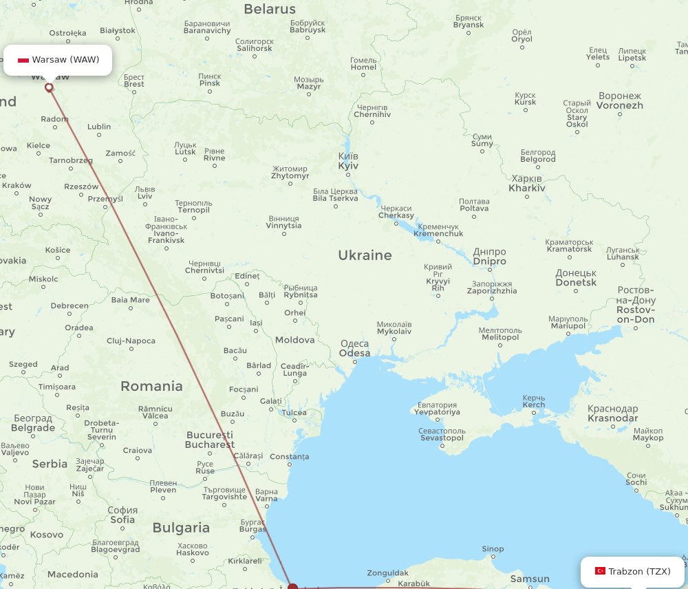 WAW to TZX flights and routes map