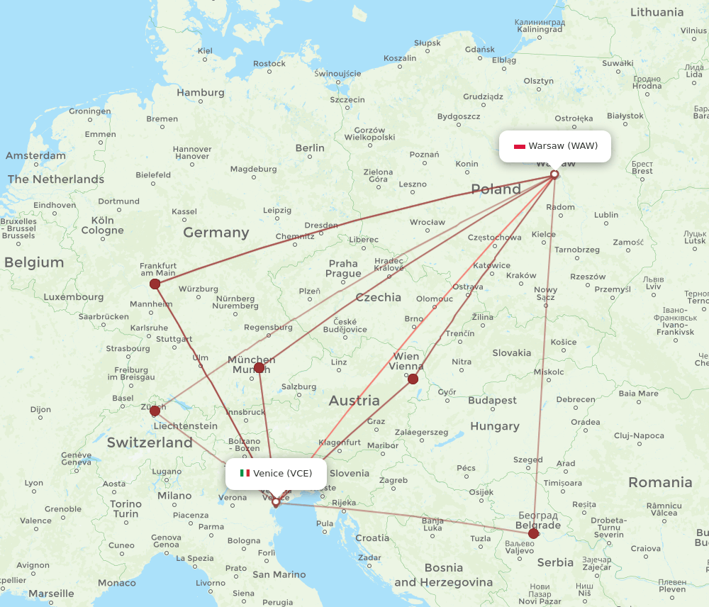 WAW to VCE flights and routes map