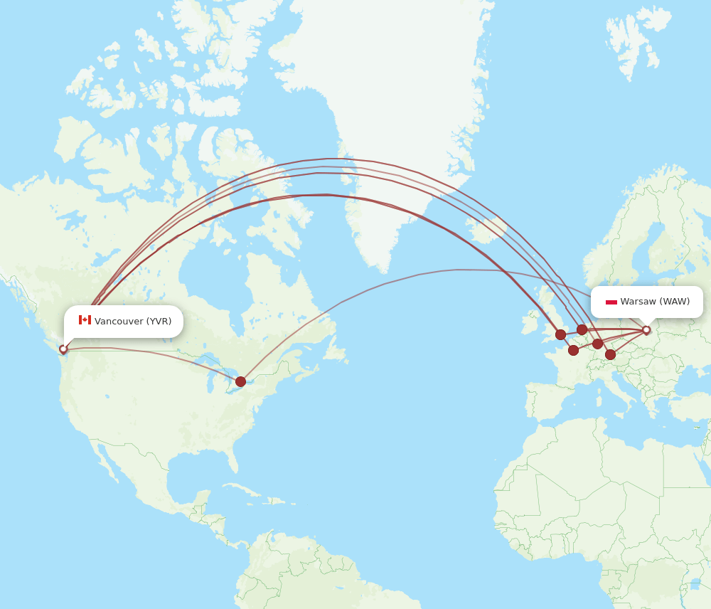 Vancouver - Warsaw route map and flight paths