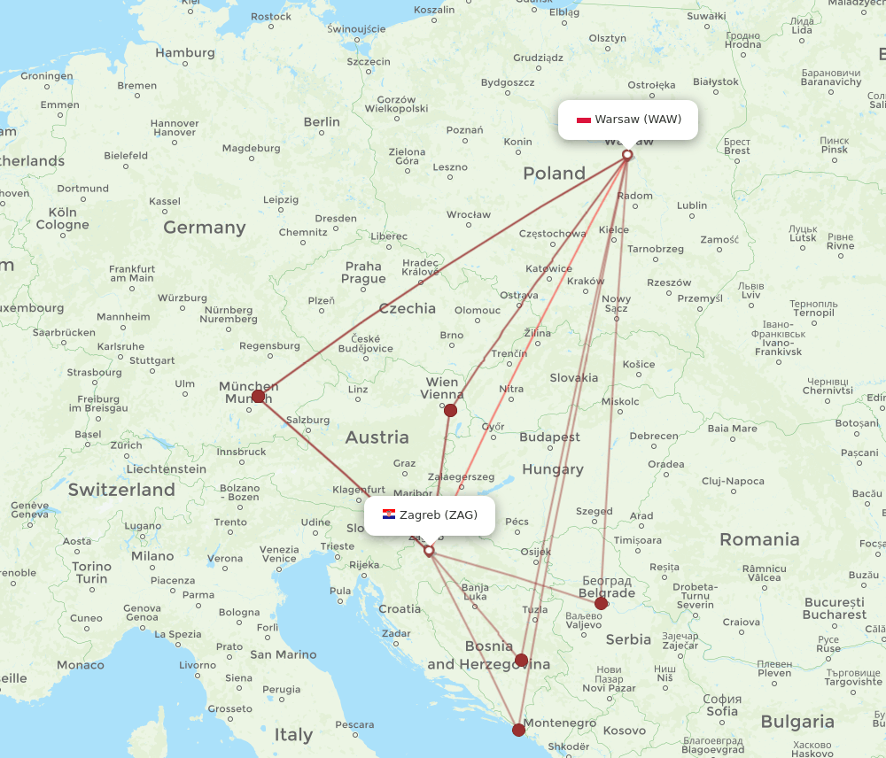 WAW-ZAG flight routes