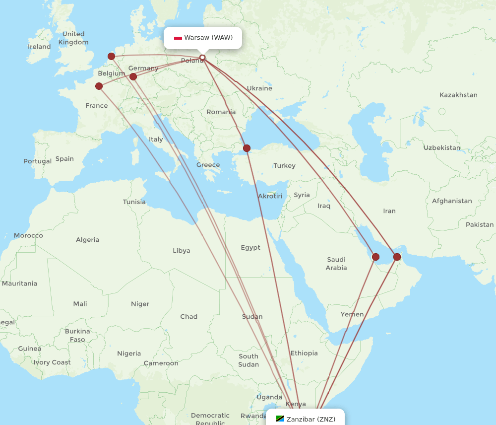 Zanzibar - Warsaw route map and flight paths