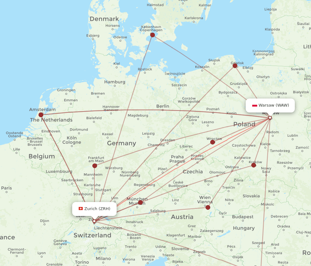 WAW-ZRH flight routes