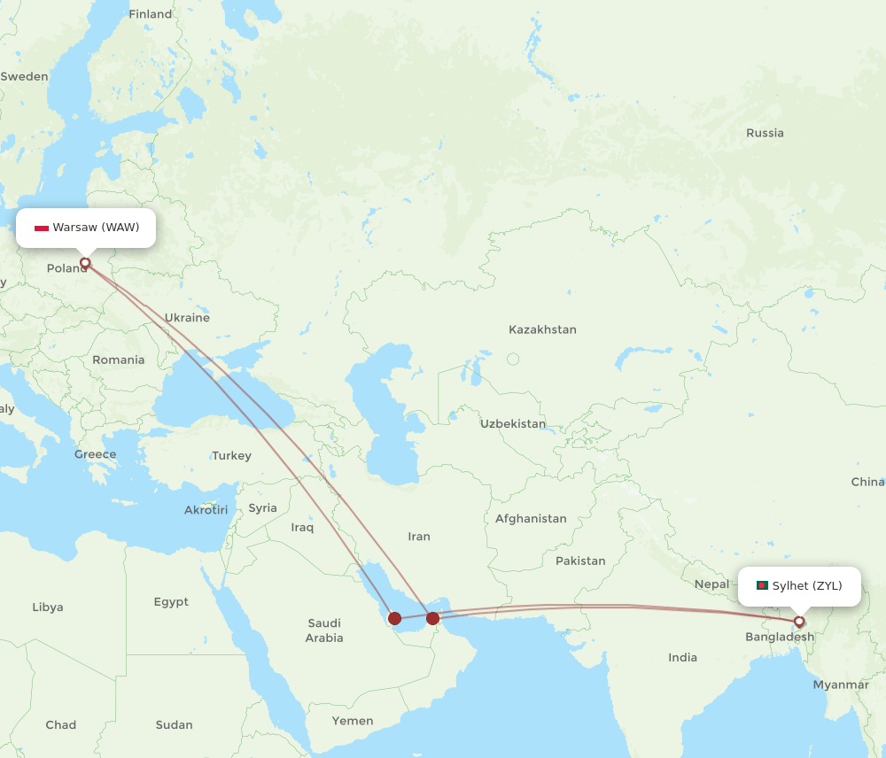 ZYL to WAW flights and routes map