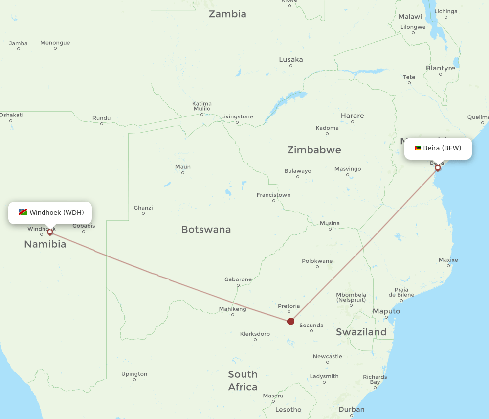 WDH to BEW flights and routes map