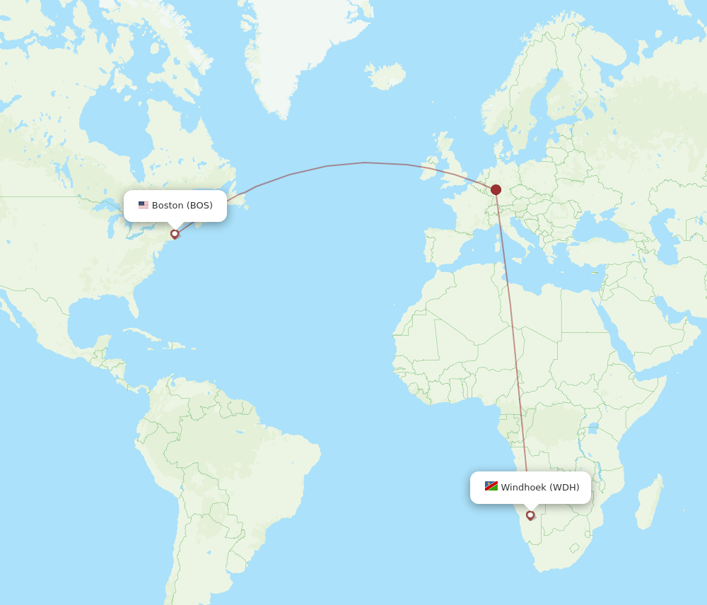 Boston - Windhoek route map and flight paths