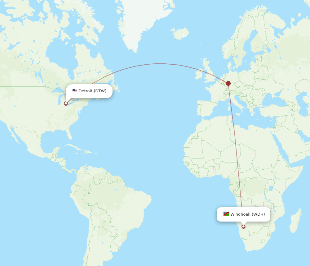 Detroit - Windhoek route map and flight paths